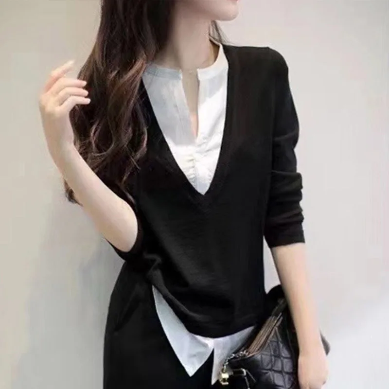 Coreano Sle V-Ne Lungo Sve Maglione lavorato a maglia Strato base da donna Top Vestibilità ampia Casual Autunno Pendolarismo Falso in due pezzi