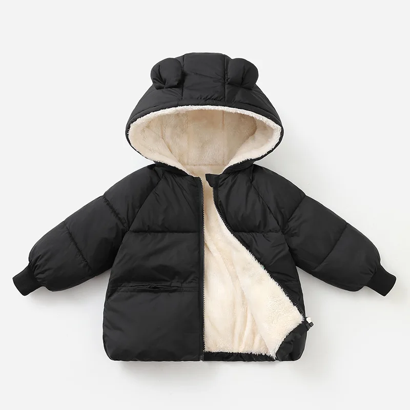 2 3 4 5 6 Years Boys Jacket Spring Autumn New Solid Color Plush Thick Keep Warm Hooded Zipper Coat For Girls Cotton Down Outwear