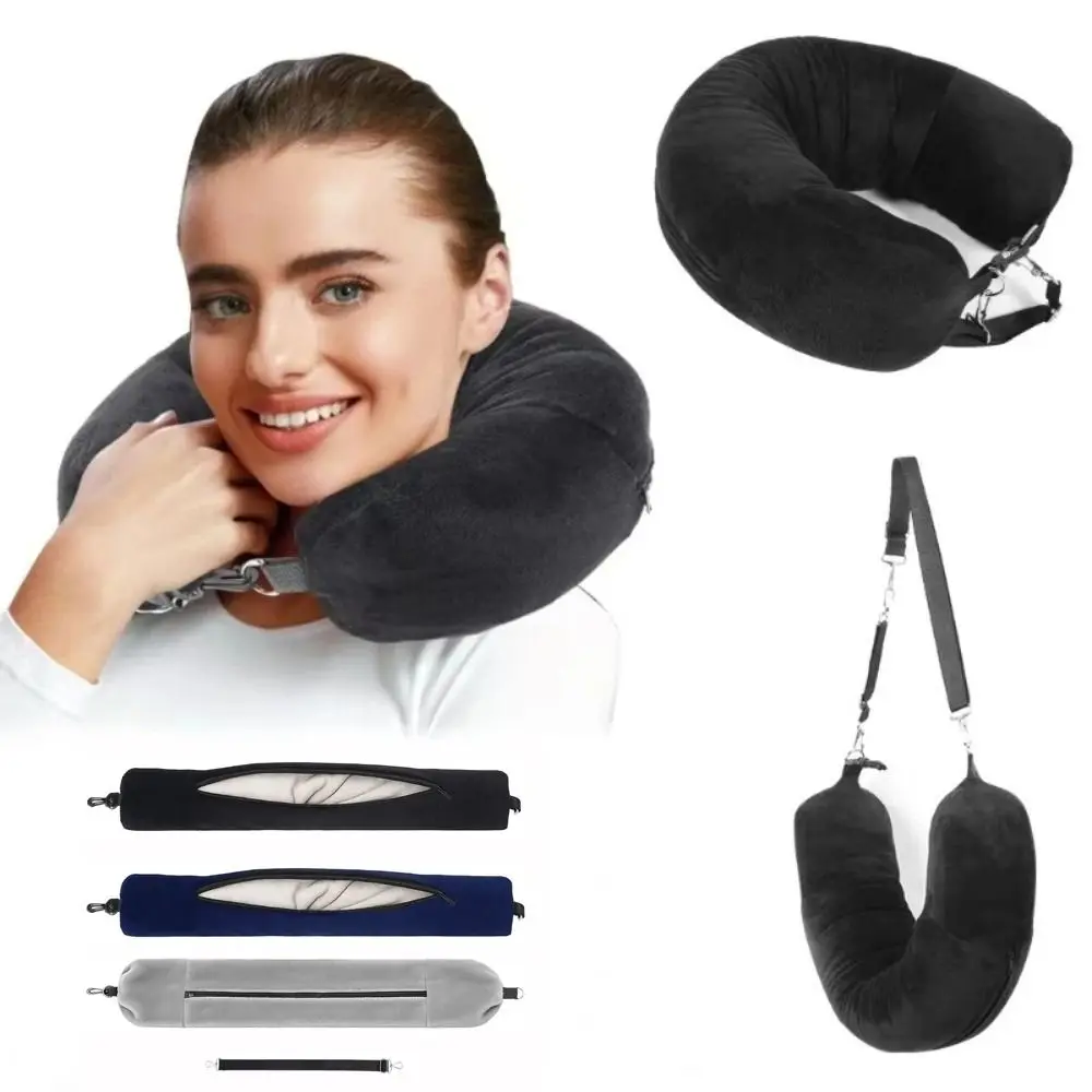 Portable Travel Neck Pillow Fillable Solid Color U Shaped Pillowcase with Strap Crystal Fleece Storage Bag Pillow