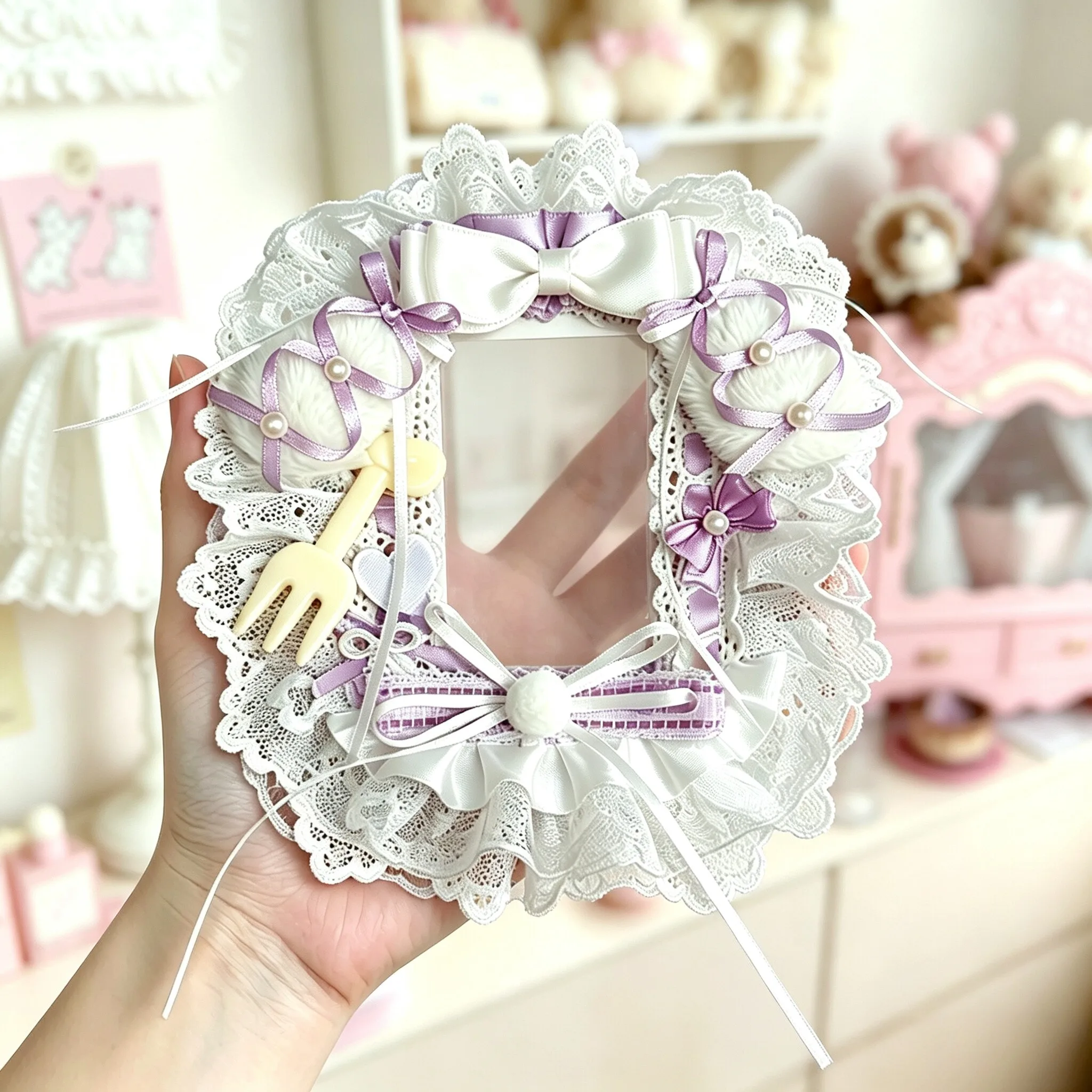 Handmade Wreath‑Style Lace Ruffled Satin Bow Photocard Holder,3 Inch Clear PVC Sleeve for Idol Card,Anime Card,3‑inch Photo,Collectible Card Protective Display Shell,Fandom Decorative Photocard Case
