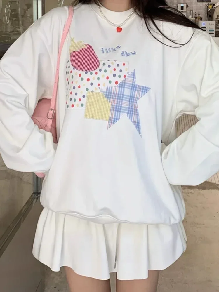 ADAgirl Kawaii Strawberry Patchwork Hoodies Women White Star Graphic Long Sleeve Oversized Streetwear Autumn Y2k Clothes 2000s