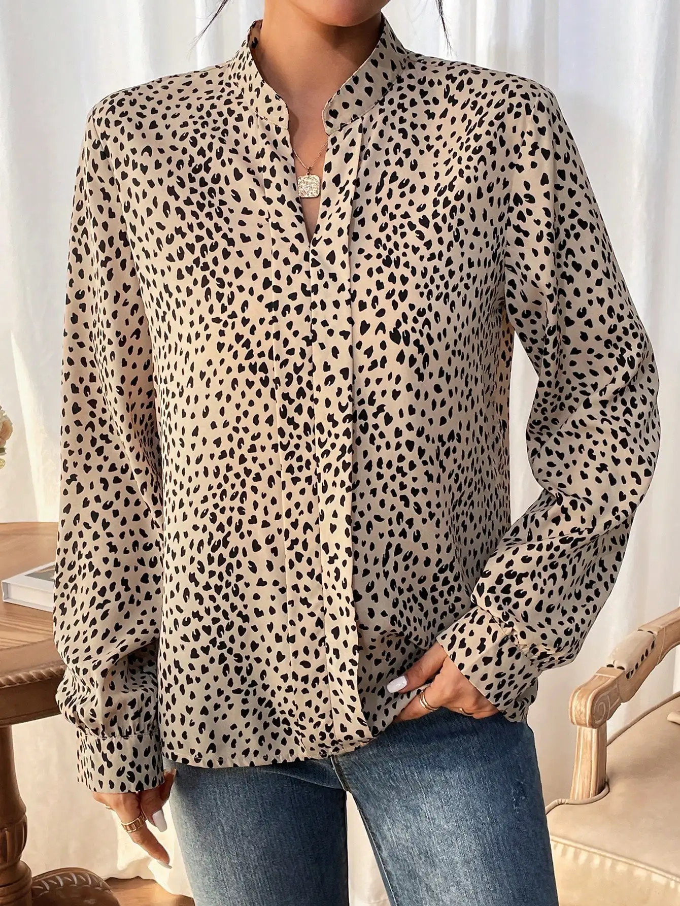 Frenchy Dalmatian Print Notched Neckline Lantern Sleeve Blouse  Daily Commuting And Workplace Wear