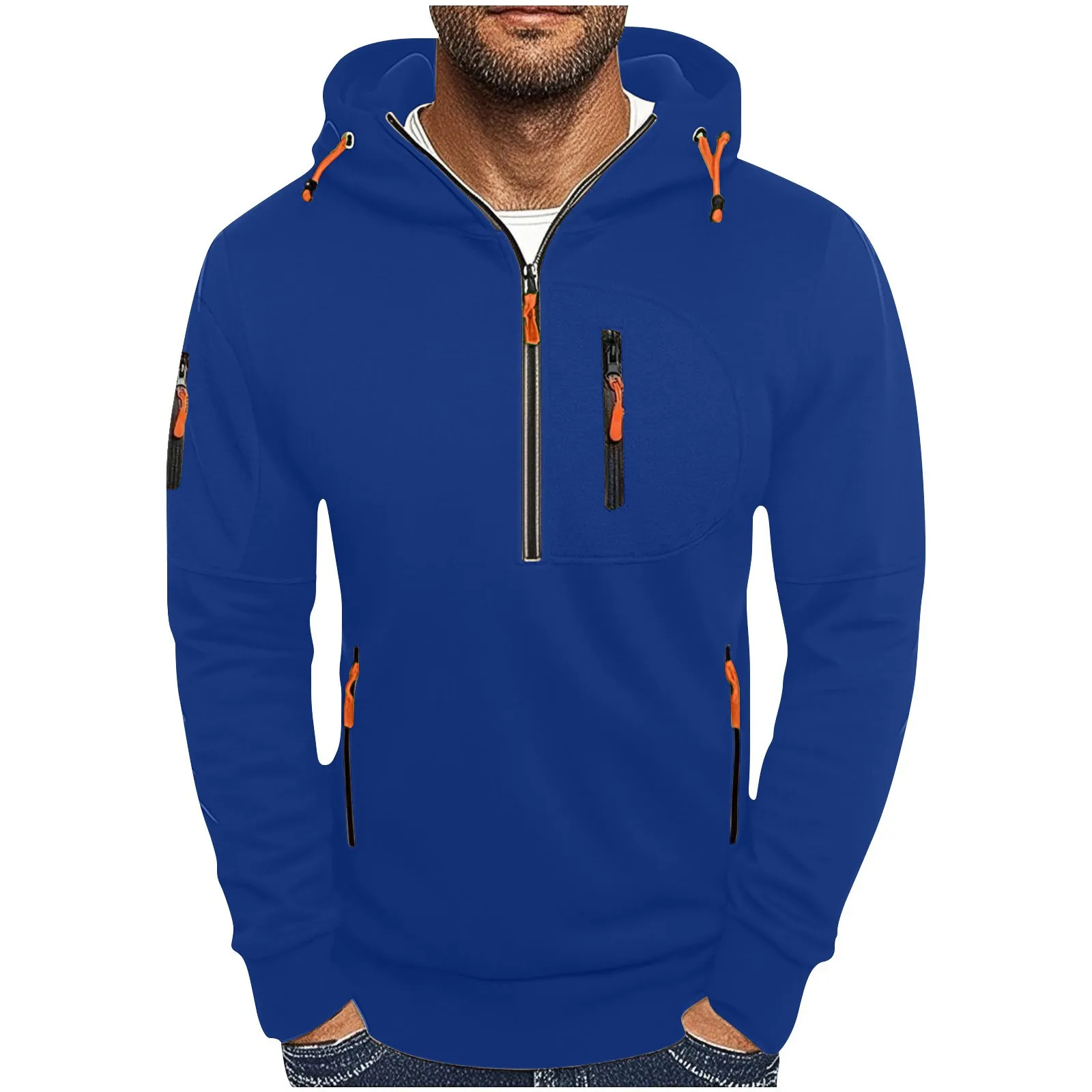 

New men's casual sports hooded sweatshirt, camping pullover with half-zip and multiple pockets, fashionable long-sleeved sweatsh