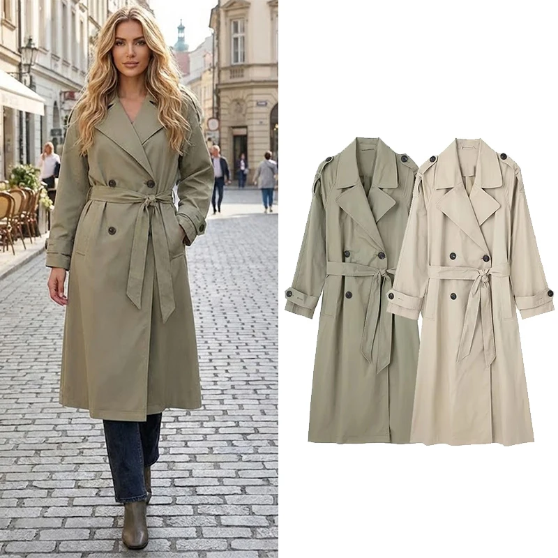 Willshela Women Fashion With Belt Solid Double Breasted Trench Vintage Lapel Neck Long Sleeves Female Chic Lady Outfits