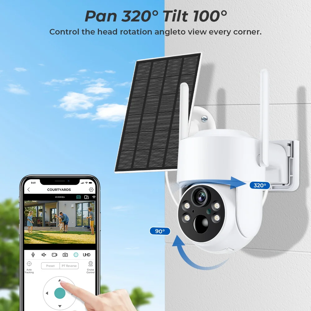 4MP WiFi Solar Camera PTZ Outdoor Night Vision Security IP Camera With Solar Panel Recharge 7800mAh Battery Human Detect iCSee
