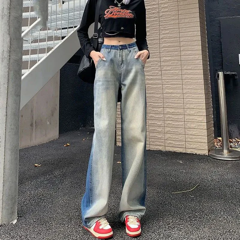 Women\'s Jeans Wide Leg Patchwork Pants Retro Oversized Harajuku Yk2 Streetwear Vintage Denim Pants Casual Loose Ladies Jeans