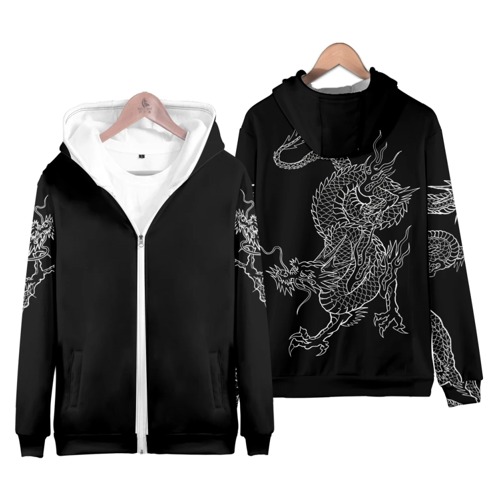 Japanese White Dragon Print Hoodie Women Men Zipper Sweatshirt with Cherry Blossom Floral Y2K Tops Streetwear