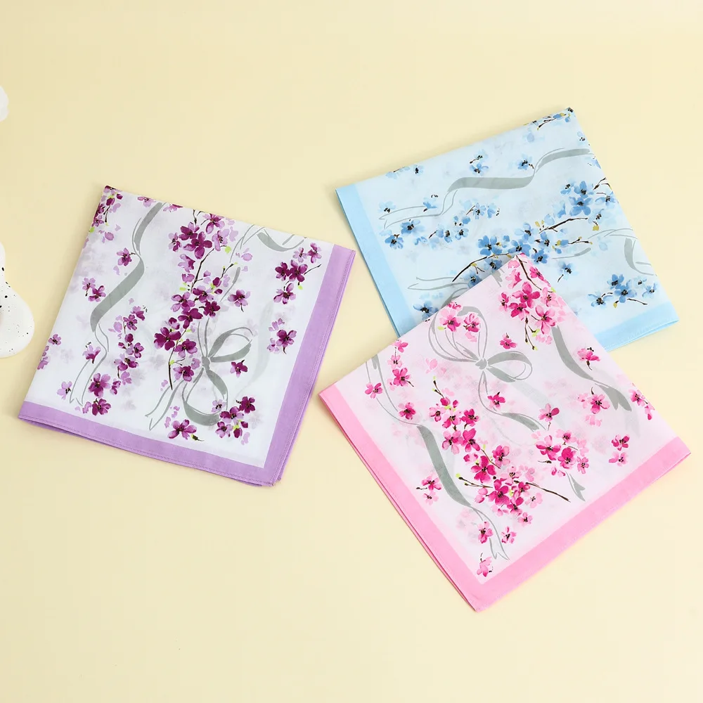 

3Pcs pure cotton women's elegant handkerchief cotton soft and comfortable thin carry-on printed small scarf 43*43cm