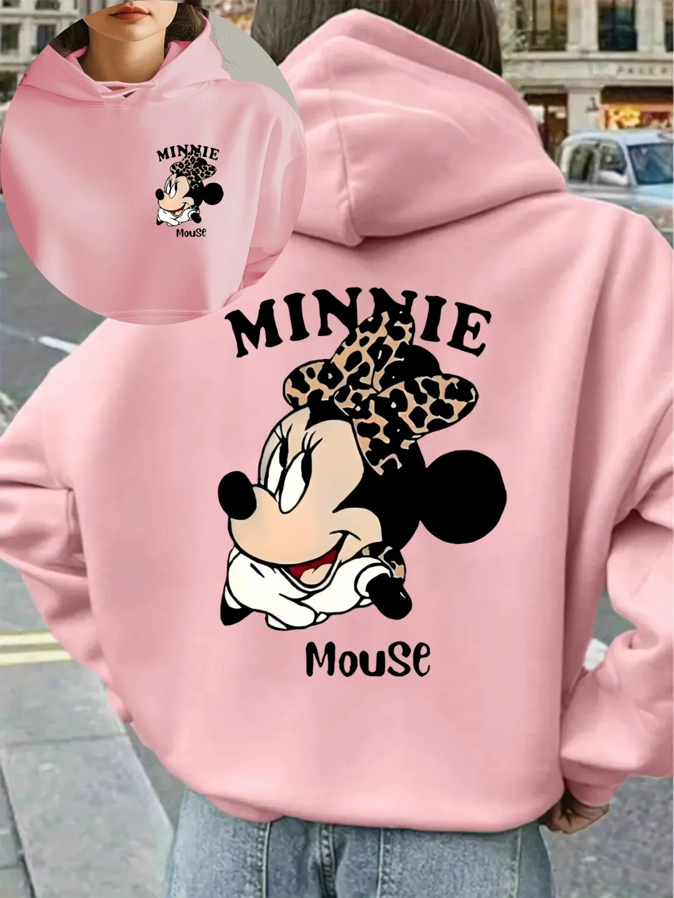 Novo disney minnie mouse padrão feminino hoodie outono inverno casual unisex pulôver moletom roupas com capuz streetwear oversized