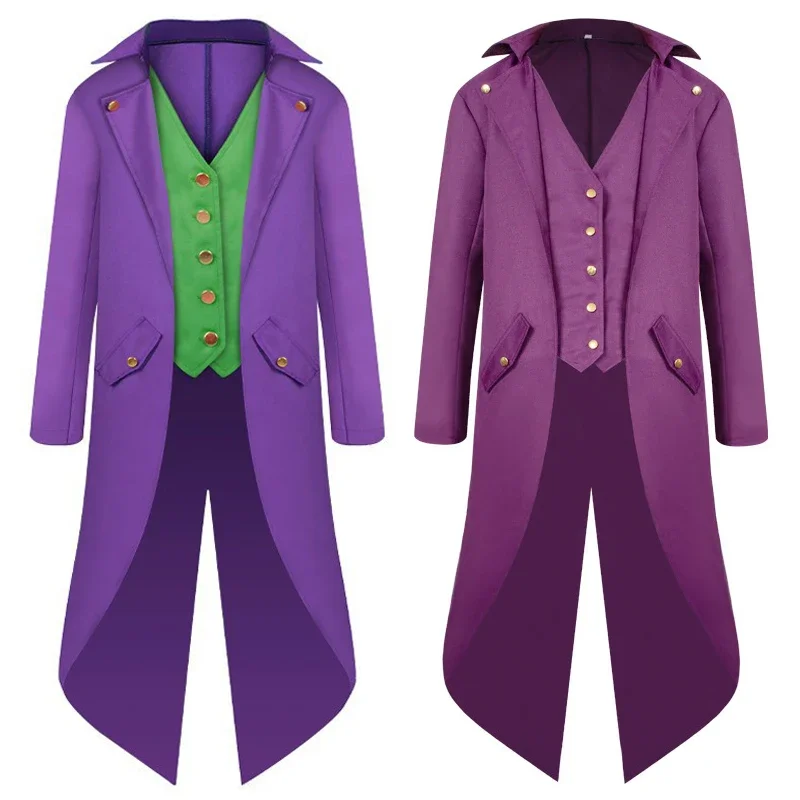 Medieval Joker Cosplay Costume Punk Retro Tuxedo Men Purple Coat Trench Halloween Party Dress Up Clothes