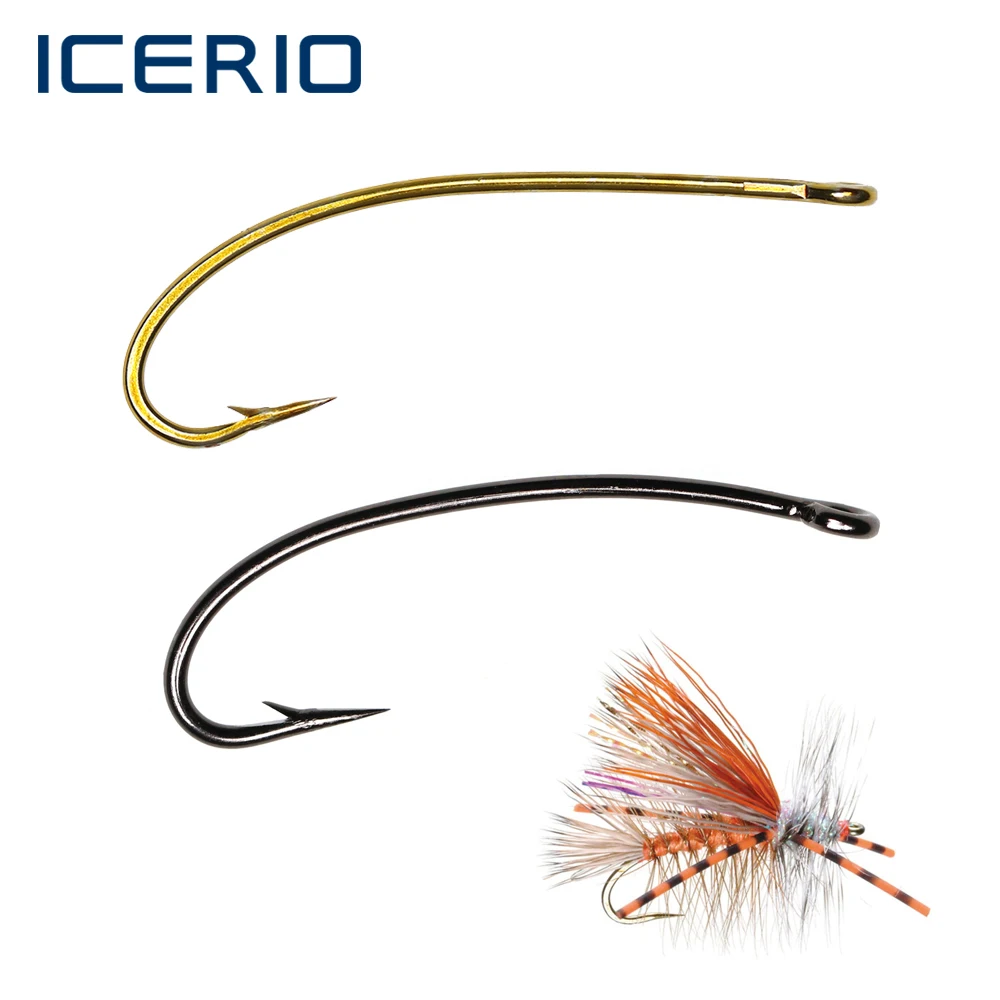 ICERIO 100PCS 3X Long Shank Curve Fishing Fly Hook Stonefly Nymphs Stimulator Attractor Dry Fly Barbed Hooks