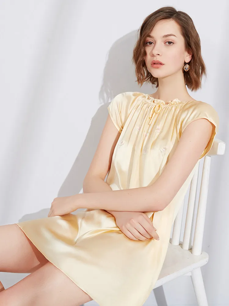 

100% Mulberry Silk Cute Women's Short Sleeve Nightdress Summer Lingerie Loungewear Princess Sleepwear Court Style Pajama Dress