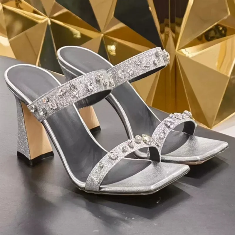 

Thin Strap Metal High Heels Party Women's Shoes Fashion Women Shoes Luxury Rhinestones Roman Women Shoes Square Open Toe Sandals