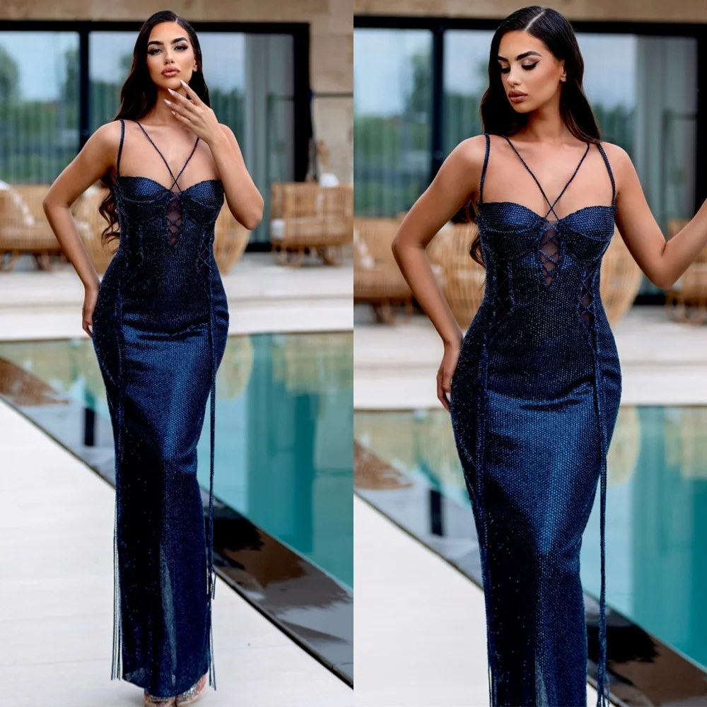 

Customized Elegant Dark Blue Evening Dress Classic Strapless Spaghetti Straps Prom Dress Chapel Train Bespoke Occasion Gowns