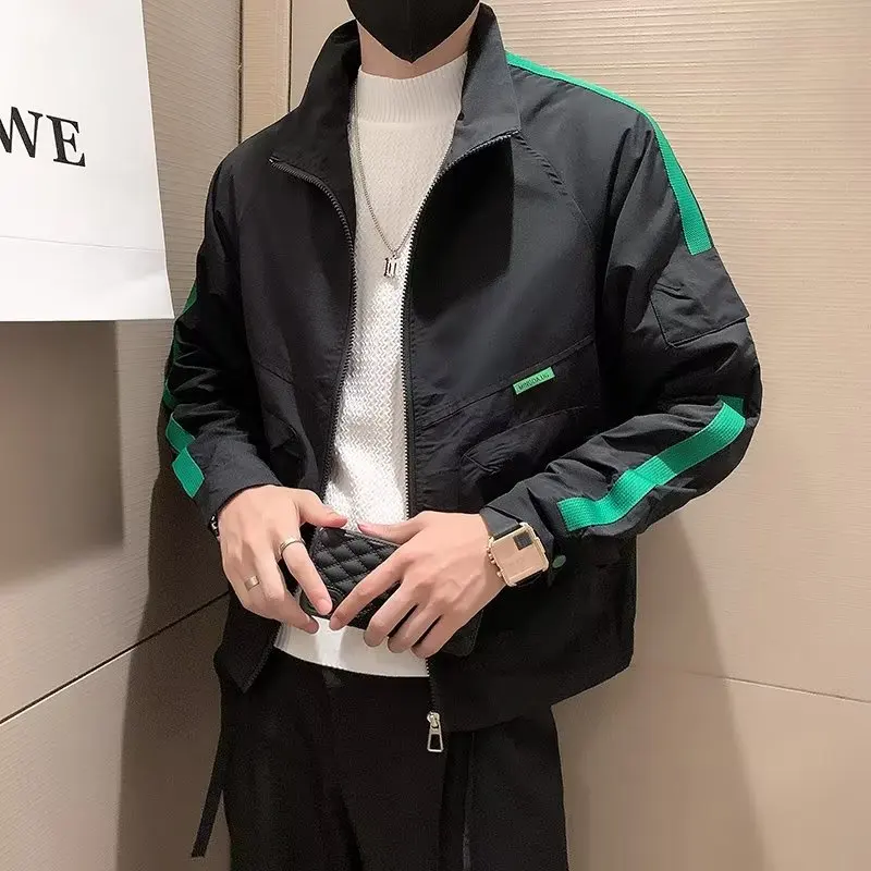 

Men's Spring Autumn Jaet Stand Collar Windbreaker Casual Versatile Haome Leisure Top Zipper Sve Long Stand Fit Coat