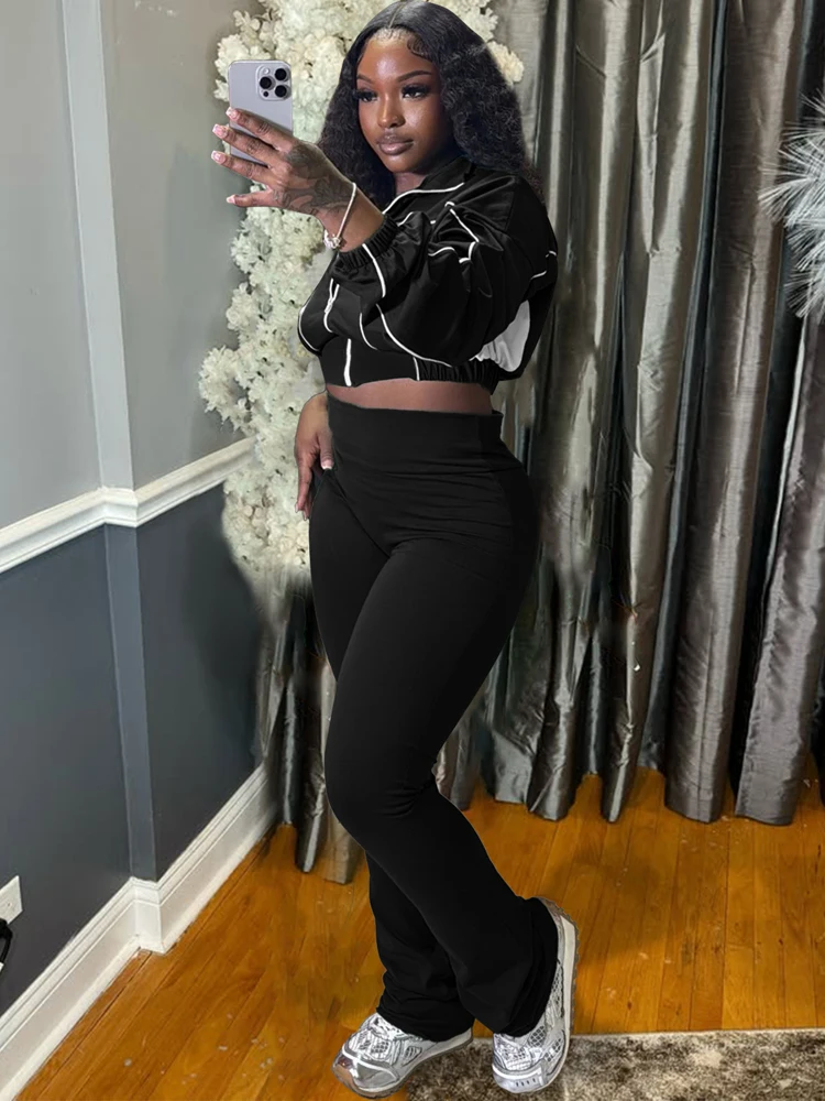 2025 trendige Damen-Kleidung, kontrastfarbener Trainingsanzug, Reißverschluss, bauchfreie Jacke und Schlaghose mit hoher Taille, Anzug, Sport, Fitnessstudio, 2-teiliges Set