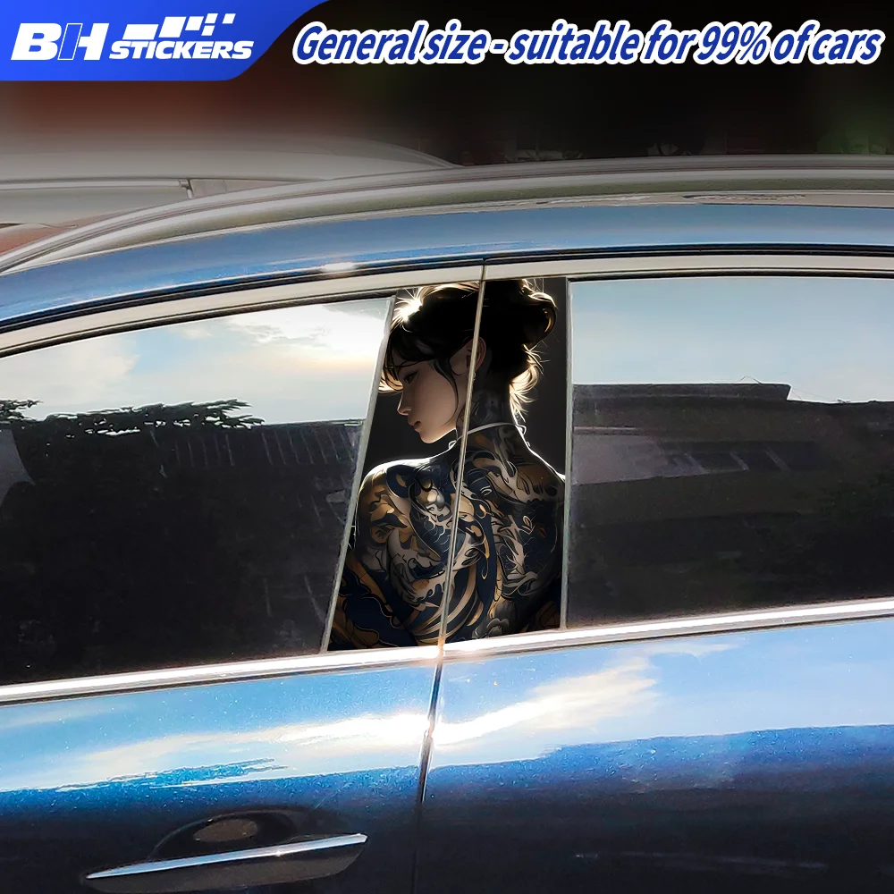 Japanese Tattoo Girl Car B-Pillar Stickers Cool Anime Woman Decals Waterproof Door Window Pillar Protection Film Vehicle Wrap view 5