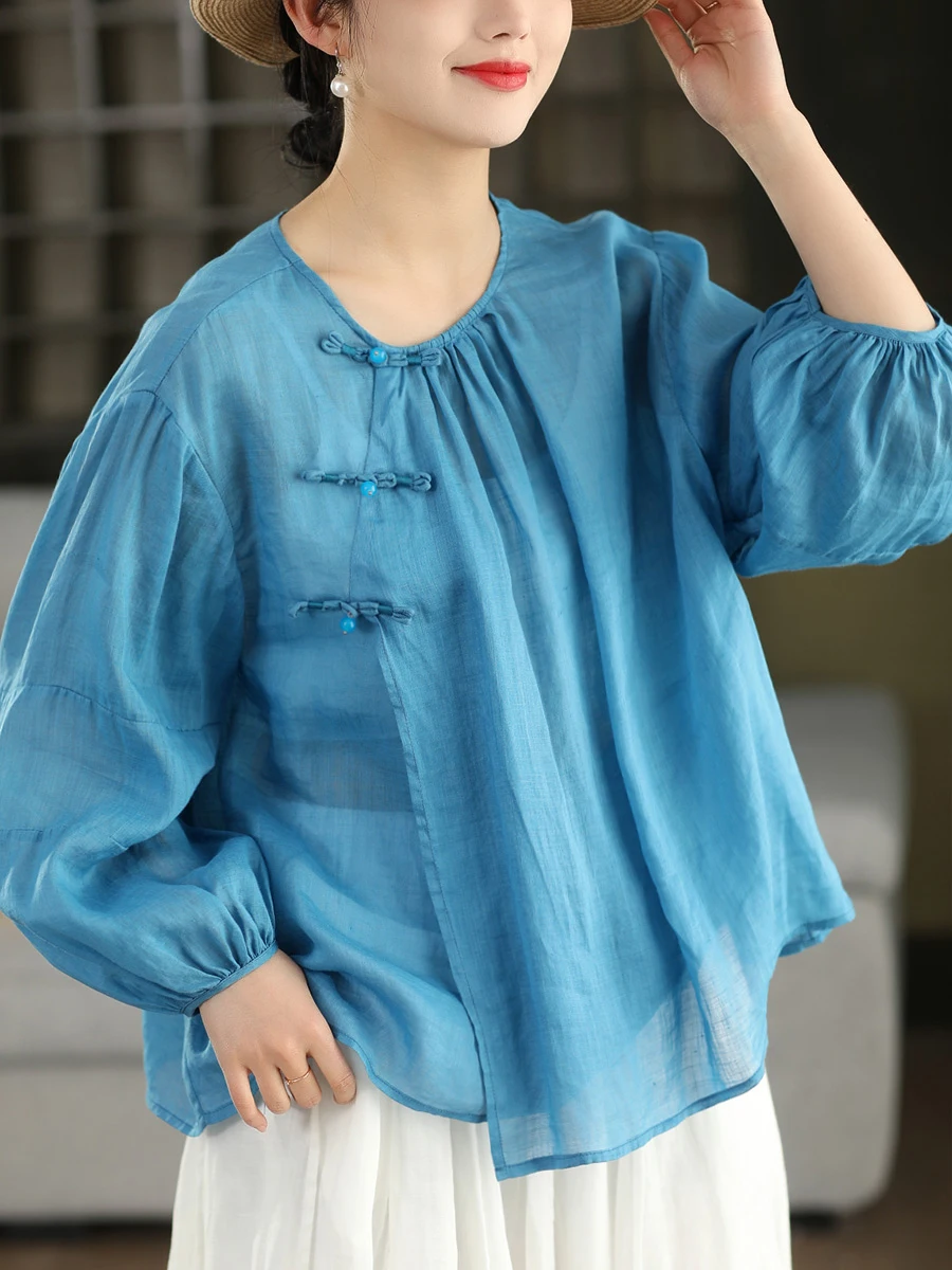 

Retro Chinese Style Women's Shirt 100% Flax Slant Collar Button up Breathable Summer Fashion Top round Neck Long Sleeve Lante...