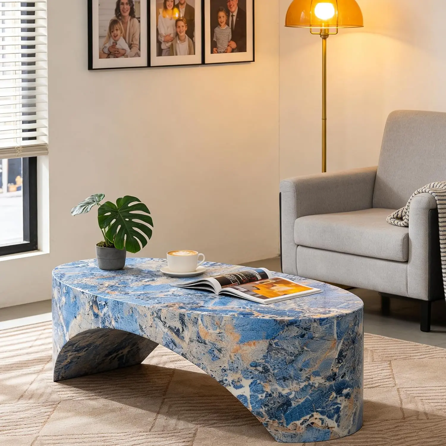 43.31" Oval Coffee Table In Faux Marble,Stylish And Modern Fiberglass Dining Table, No Assembly Modern Center Table, Customized