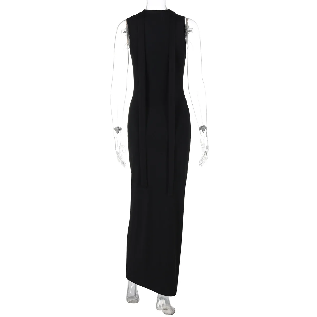 YUZHEXI Low Cut Taille Bare Metal Ring Neckholder schwarzes Kleid Frauen Abend elegante ärmellose sexy Midi Robe