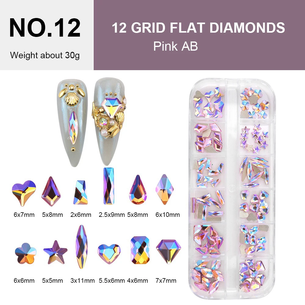 

Glitter Pink AB Crystal 12 Grids Rhinestones Mix Shapes Nail Art Accessories Diy Decorations Nail Charms Free Shipping