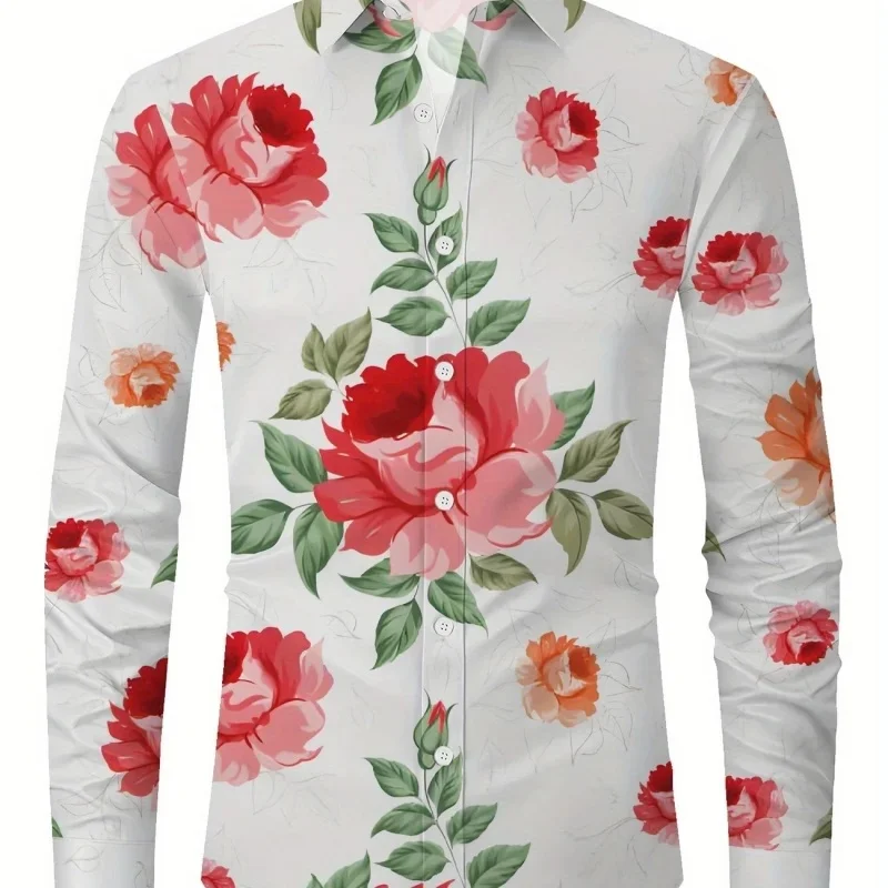Men's Rose Floral Print Long Sleeve Shirt Casual Turn-down Collar Button Down Blouse