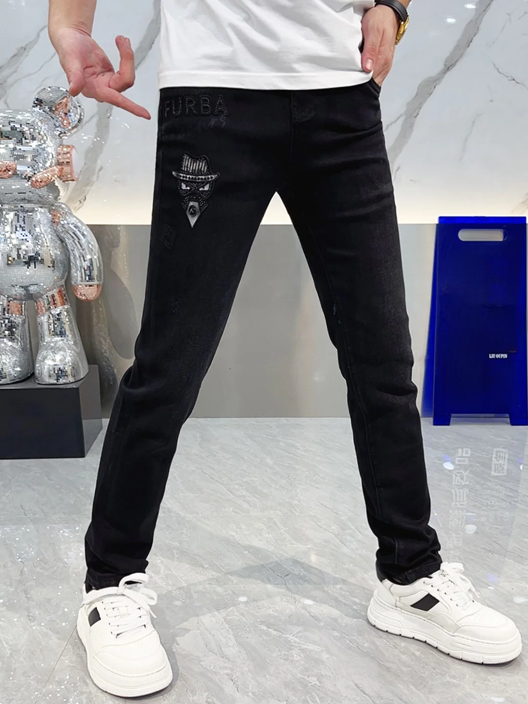 

European Sle Men's Slim Fit Jeans with Rhinestone Print Casual Breathable Comfortable Autumn New Arrival Faionable Men's ...