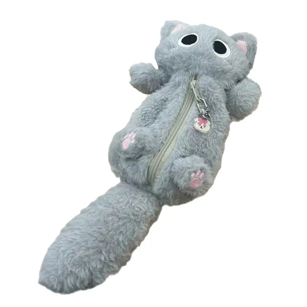 Pen Holder Plush Gray Cat Pencil Bag Large Capacity Zipper Cute Kitten Pencil Case Kawaii Thicken Kitten Stationery Bag Student