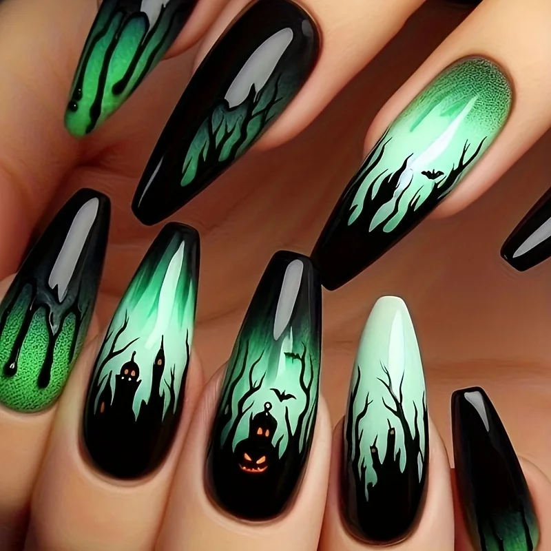 24 stks/set Middellange nepnagels voor Halloween party gradiënt blauw groen Maan Pompoen vleermuis amandel ballet tips druk op nagels art