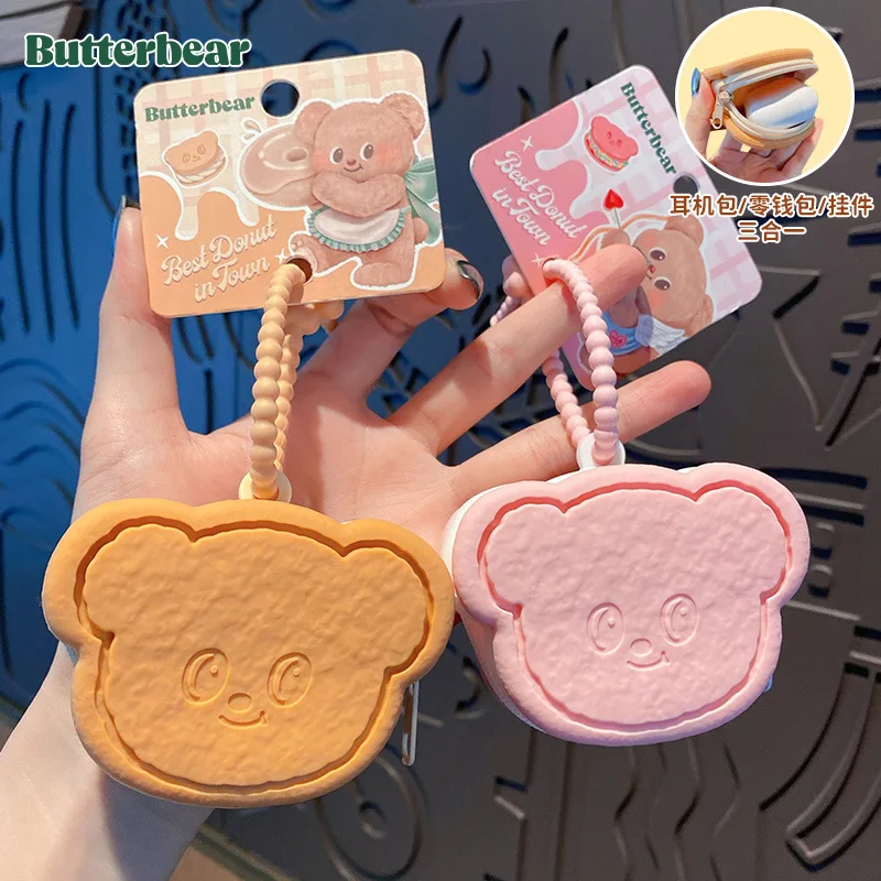 Cute Butter Bear Cookie Silicone Coin Purse Keychain Women\'s Gift Delicate Earphone Bag Storage Bag Pink Bear Animal Key Chain
