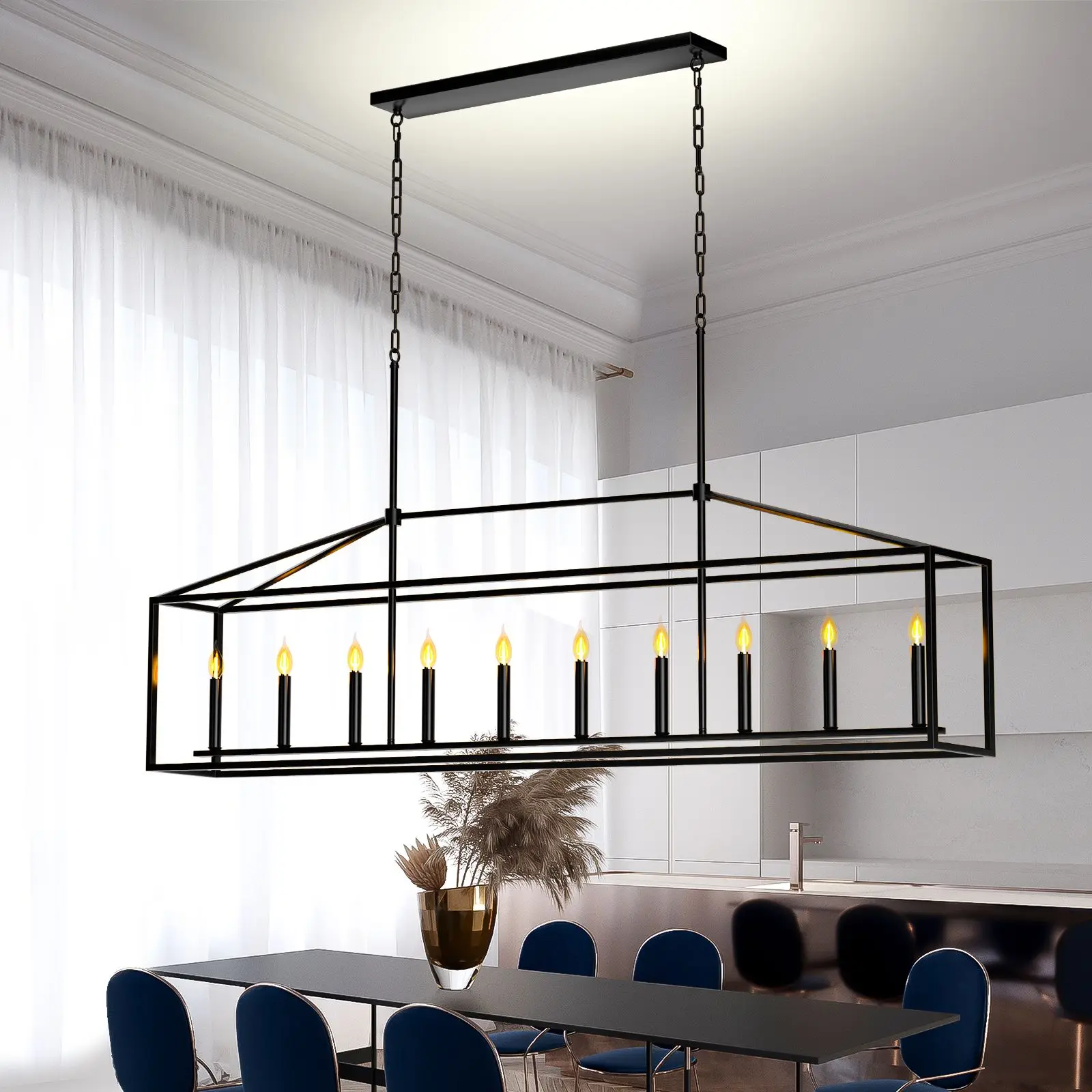 Modern 10-Light Farmhouse Black Chandelier Rectangular Linear Pendant Lighting for Dining Room Kitchen Island Easy Hanging