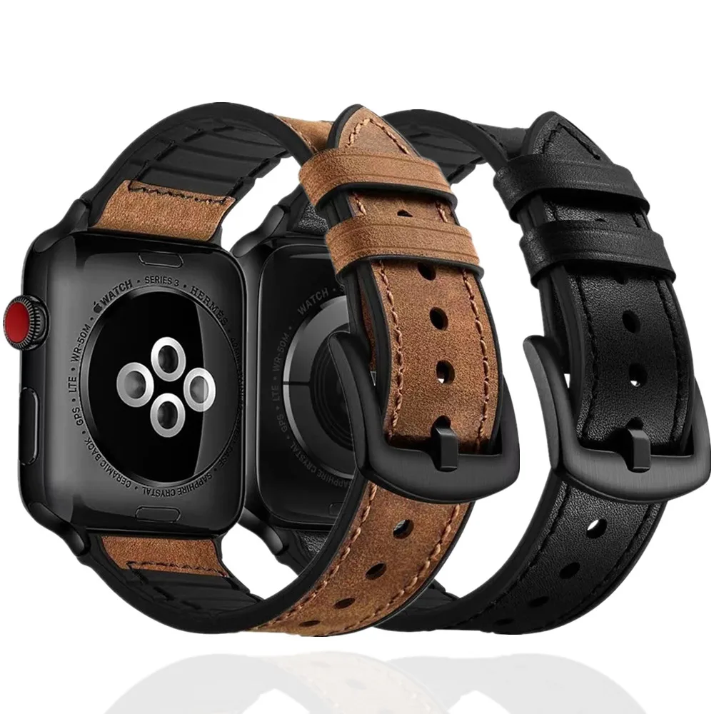 Correa de silicona + cuero para Apple Watch 10 9 8 7 6 SE 5 4, correa de reloj inteligente para Apple Watch Band 42mm 44 45 40 38 41 49 46mm