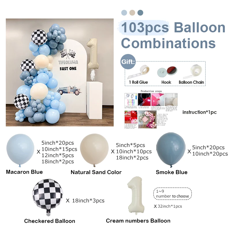 102/103pcs Macaron Blue and Smoke Blue Latex Balloon Set Boys Racing Flag Pulling Theme Birthday Party Balloons with Foil Ballon