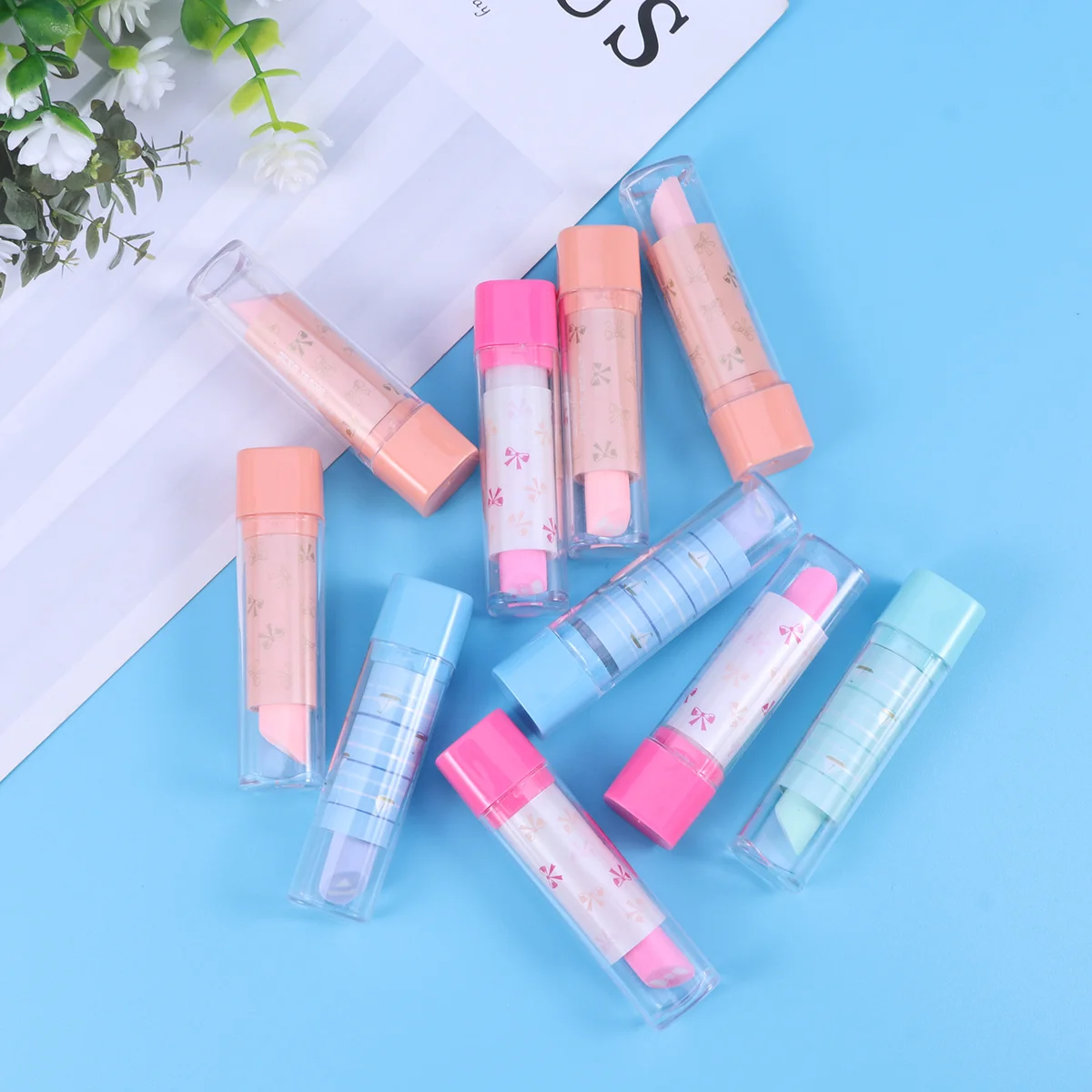 10pcs Lipstick Shaped Eraser Creative Stationery Pencil Eraser Creative Gift for Kids Students (Random Style)