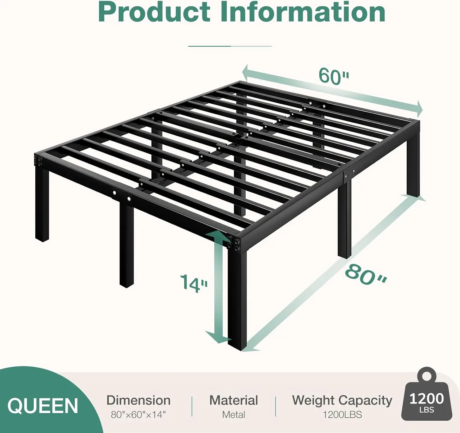 Marco de cama de matrimonio, marco de cama con plataforma de Metal de 14 pulgadas, tamaño Queen con espacio de almacenamiento debajo de la cama, soporte de listón de acero resistente