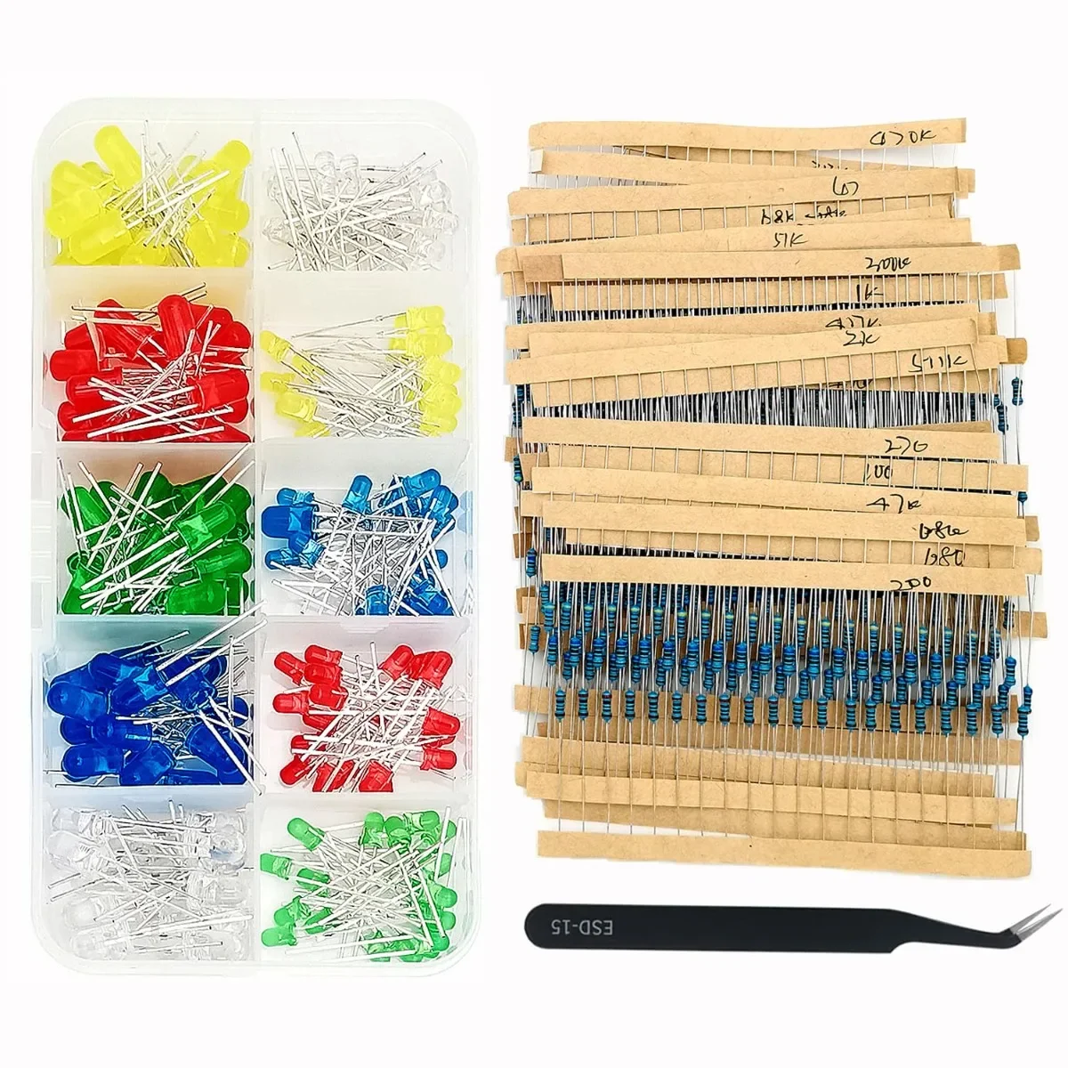 Resistor & LED Starter Kit: 600PC 30 Values 10Ω-1MΩ 1% 1/4W + 200PC 5Color 3mm&5mm LEDs Assortment w/ Tweezer