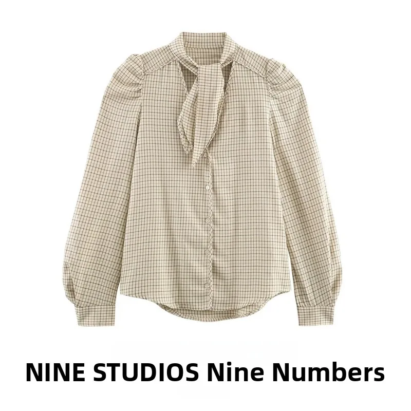 

Faionable Plaid Knot Decorated Pleated Casual ort irt Top Women's Clothing NINE ZAR Breathable Polyester Long...
