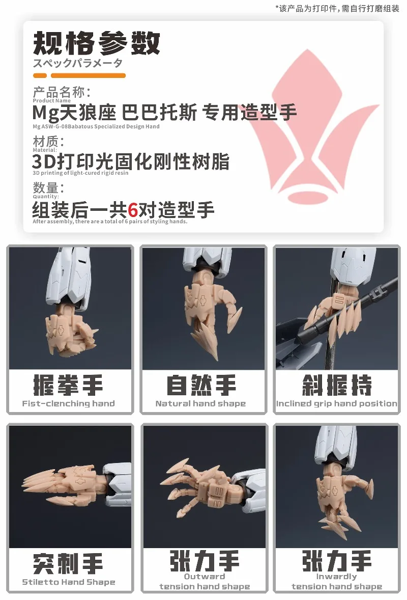 NewC Fixed‑Shaped Modeling Hands Outer Nails 3D Printed Parts Model Accessories for MG 1/100 ASW‑G‑08 Barbatos Lupus