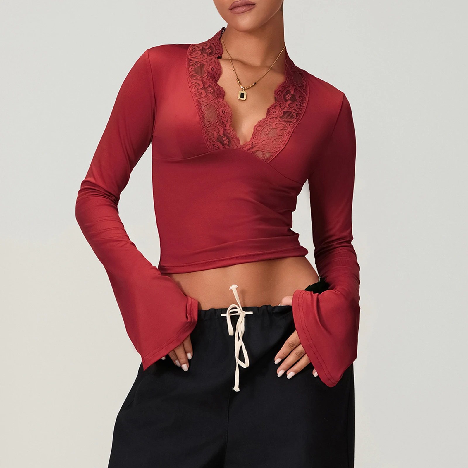 Lace Trim Deep V Low Cut Shirts Women's Sexy Bell Sleeve Slim Fit Cropped Tops Casual Streetwear Stylish Spring Fall Blouses