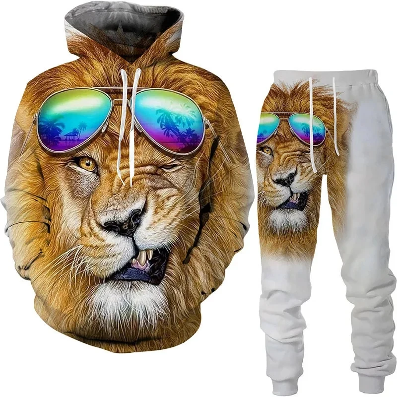 3D tigre e lobo impresso com capuz e calças para homens e mulheres, conjunto de treino, sportwear, roupas legais, animais, outono, inverno, 2 peças