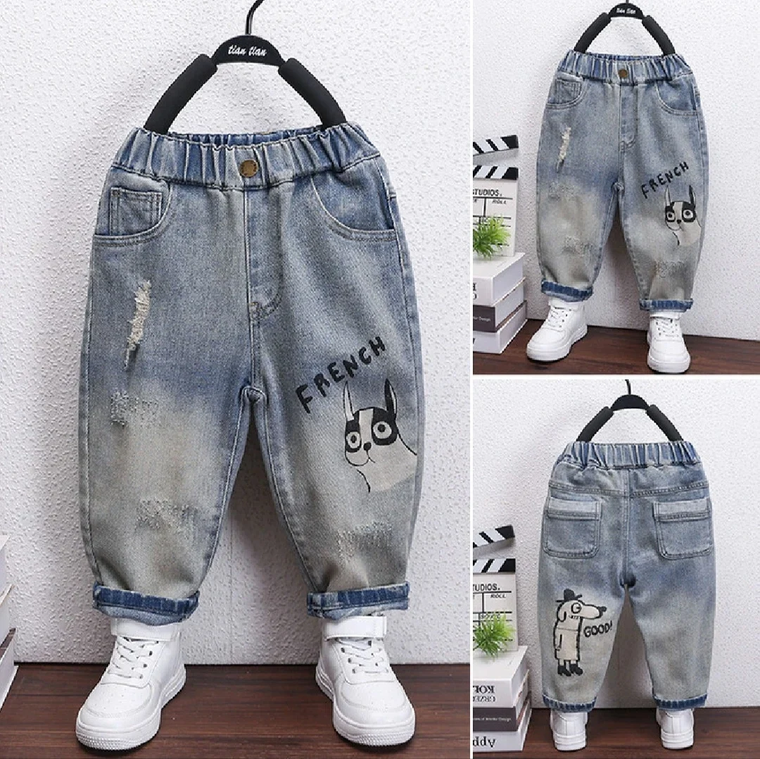 Frühling 2026 Jungen-Jeans mit Cartoon-Welpen-Print |   Lässige, bequeme Kinder-Jeanshose