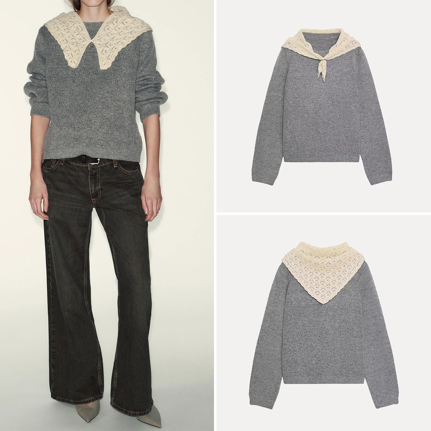 

Z 2025 New Faionable Knitted Sweater round Ne Square Scarf Splicing Ele Personali Women's Long Sve Top