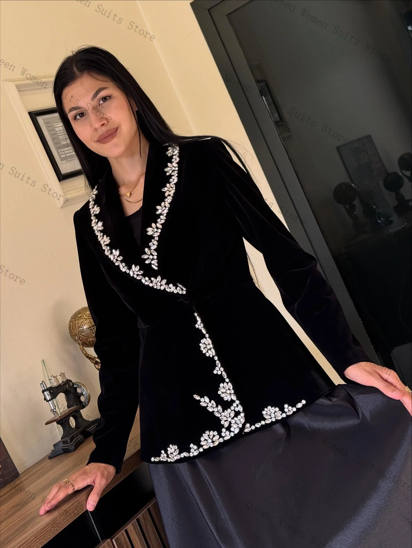 Fluwelen vrouwen pak rok set 2-delige kristallen blazer + prom jurk formeel kantoor dame jas herfst bruiloft gast jas aangepast