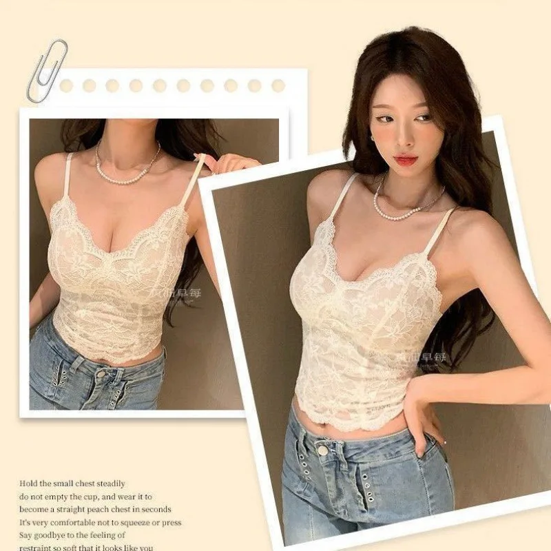New Arrival Women's Sensual Lace Camisole with Padded Bra Lining Delicate Strappy Undergarment Top Bra-Lining Camisole