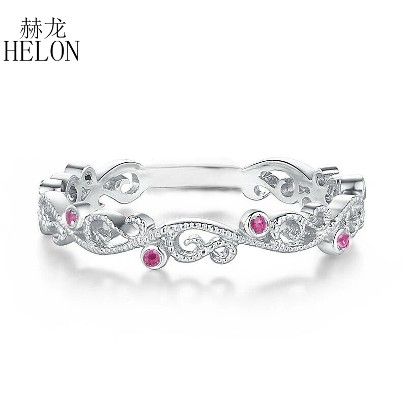 

HELON Sterling Silver 925 Pave Natural Ruby Vintage Jewelry Wedding Anniversary Ring For Women Gemstone Ring Band