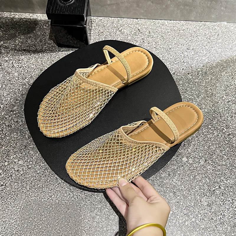 Round Toe Flat Bottom Sandals Half Slippers Women Flat Shoes Ladies Mesh Beach Slides Outside Mules Designer Gladiator Sandals