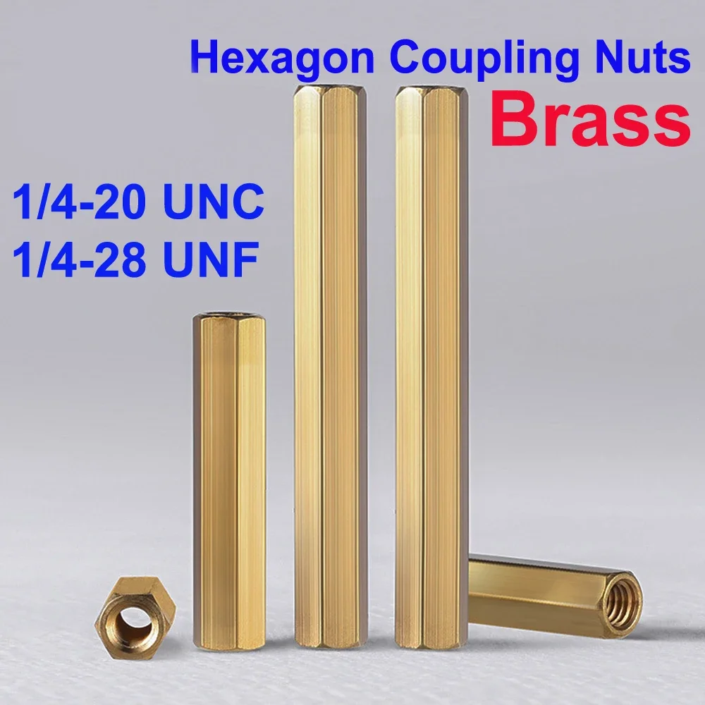 Brass Hexagon Coupling Nuts 1/4-20 UNC 1/4-28 UNF Thickened Copper Connector Joint Sleeves for Mechanical Parts