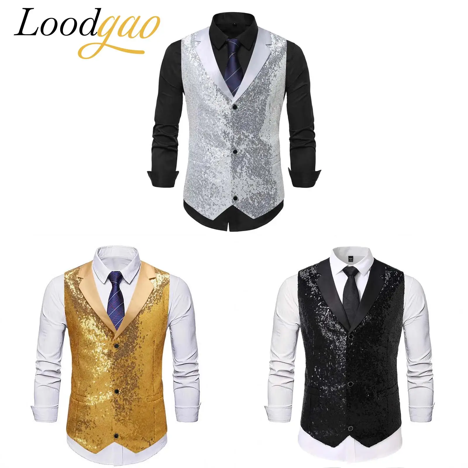 

Men's Formal Dress Vest Bar Club Party Disco Outfits Tank Tops Shiny Sequined Waistcoat Sharkly Notch Lapel Vests Dancewear
