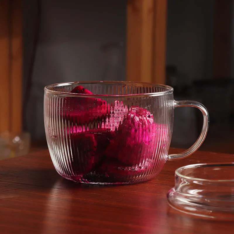 

ChangTang Breakfast Glass Cup with Lid Large Capaci Oats Milk Cup Thiened Vertical Striped Simple Design Water Cup