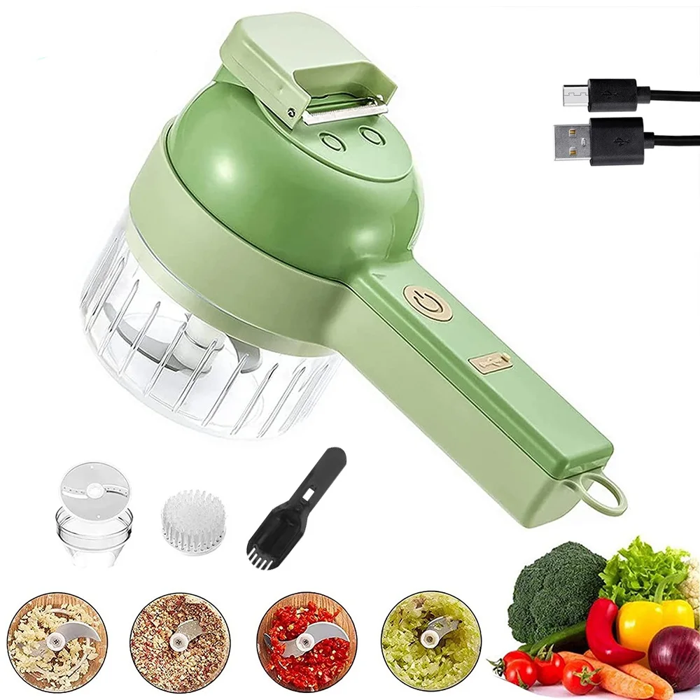 4 in 1 Electric Garlic Chopper Set Handheld Digital Vegetable Cutter Grater Onion Mud Masher for Chili Pepper with Clean Brush